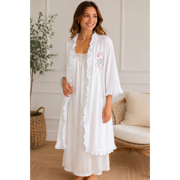 V'Vanee Other - Vintage Bunny Ruffle Robe Housecoat Kawaii Cottagecore White Novelty Open Front